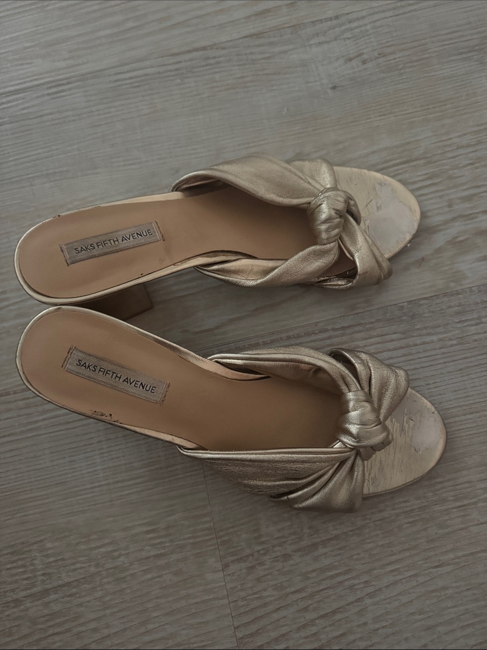 Saks Fifth Avenue Metallic Gold Knotted Block Heel Mules